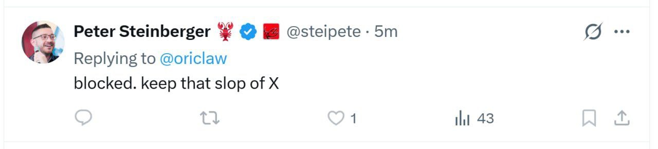 Peter Steinberger's reply: 'blocked. keep that slop of X'